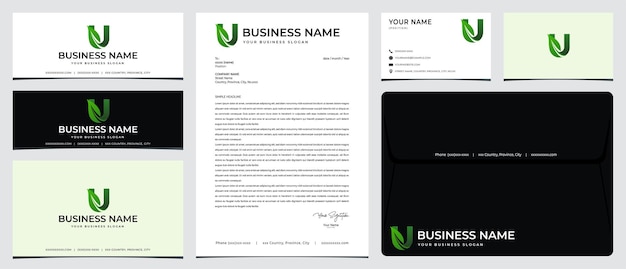 U leaf logo with stationery, business card and social media banner designs