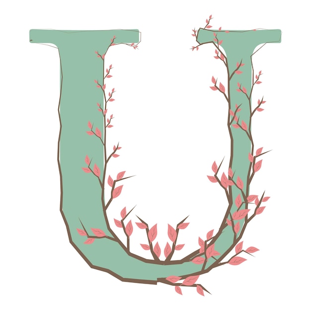 U letter in uppercase made of soft hand-drawn leaves