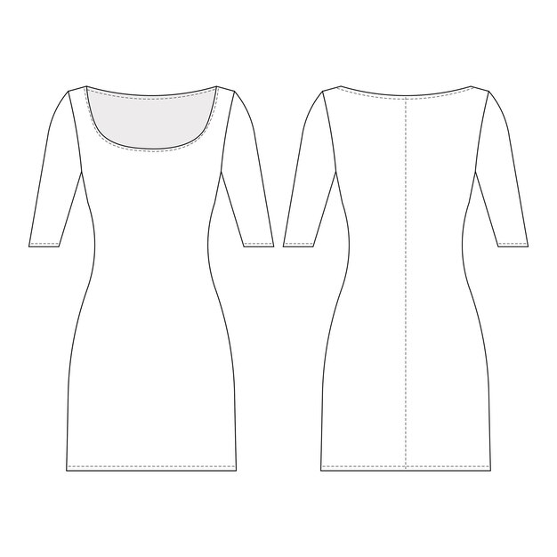 Vector u neck scoop neck half short sleeve short knee length bodycon dress template technical drawing