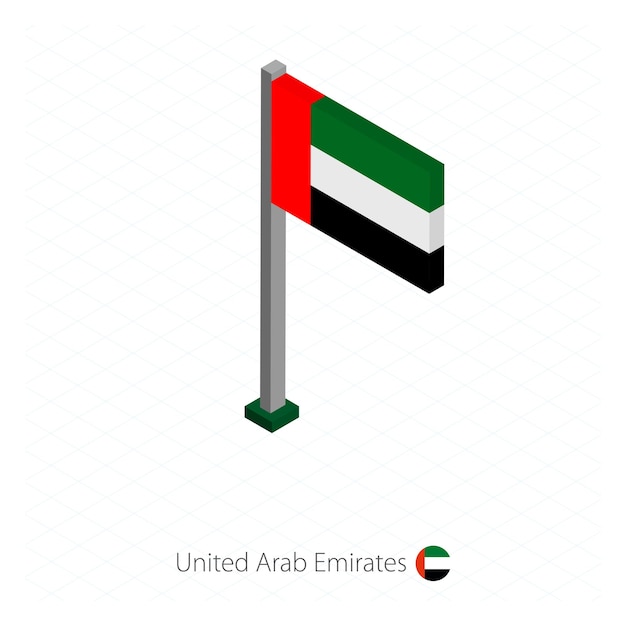 Vector uae flag on flagpole in isometric dimension isometric blue background vector illustration