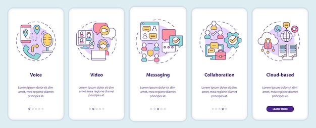 UCaaS functions onboarding mobile app screen Connection walkthrough 5 steps graphic instructions pages with linear concepts UI UX GUI template Myriad ProBold Regular fonts used