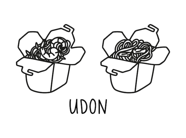 Udon noodles take out in hand drawn doodle style Asian food for restaurants menu