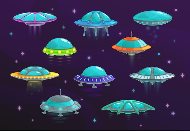 UFO and alien spaceship cartoon set of spacecraft