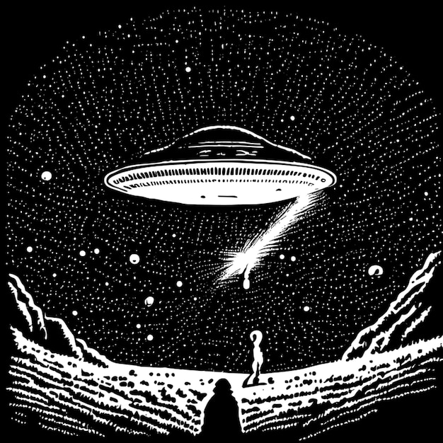 ufo and aliens vector illustration engraving