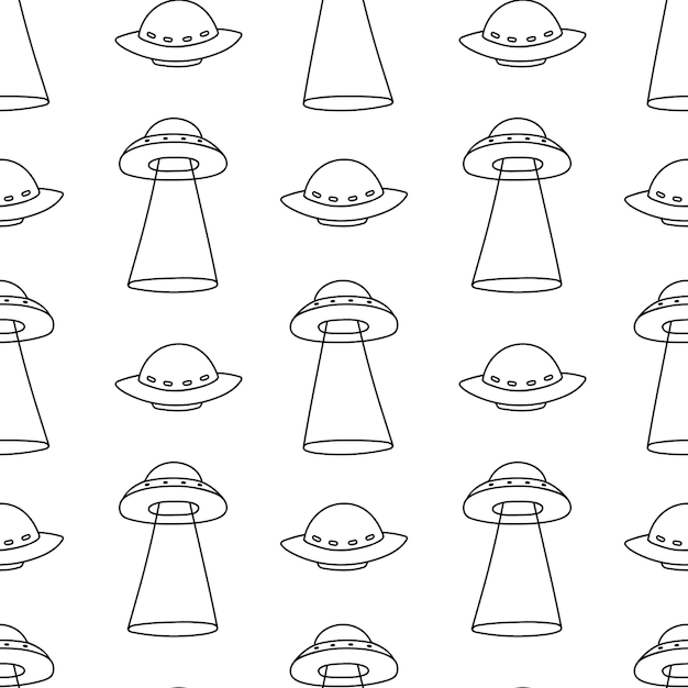 UFO background Flying saucers seamless pattern in doodle style Childrens contour illustrations with alien spaceships Print sample for fabric wallpaper