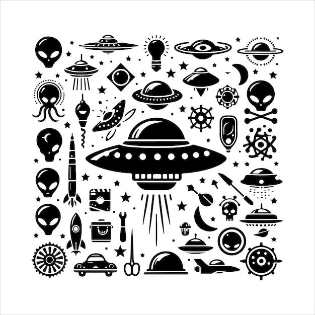 Vector ufo elements set silhouette vector illustration isolated on a white background