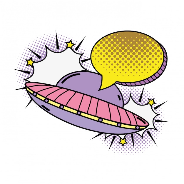 ufo flying with speech bubble pop art style