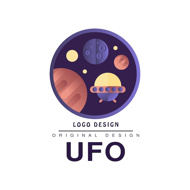 Ufo logo original design badge with planets and spaceship vector Illustration isolated on a white background