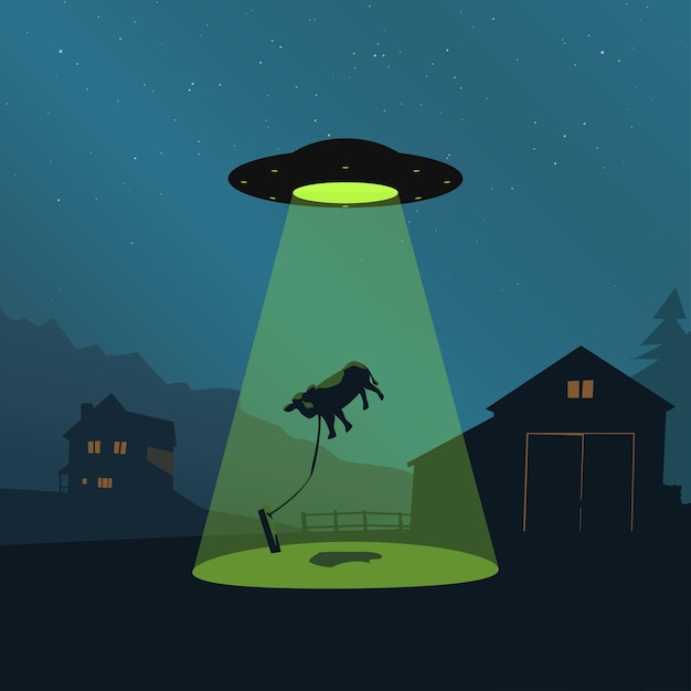 A ufo spaceship abducting cow from village