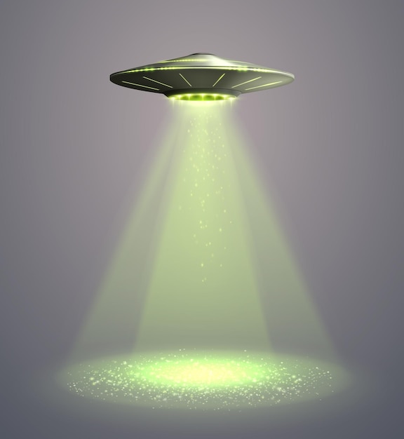 Ufo spaceship with yellow light beam isolated on grey background vector illustration