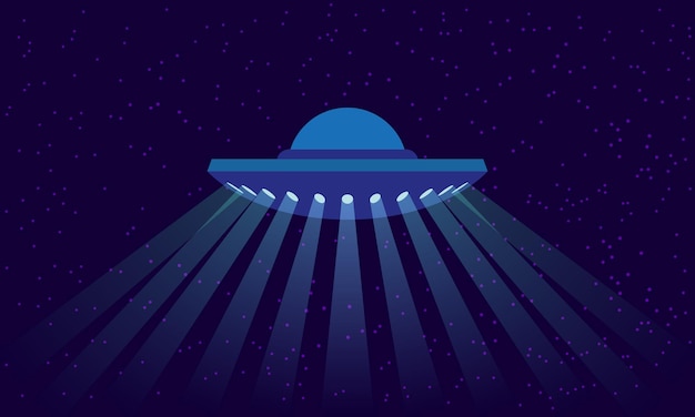 Vector ufo with rays of light on outer space background alien spaceship illustration in a flat style