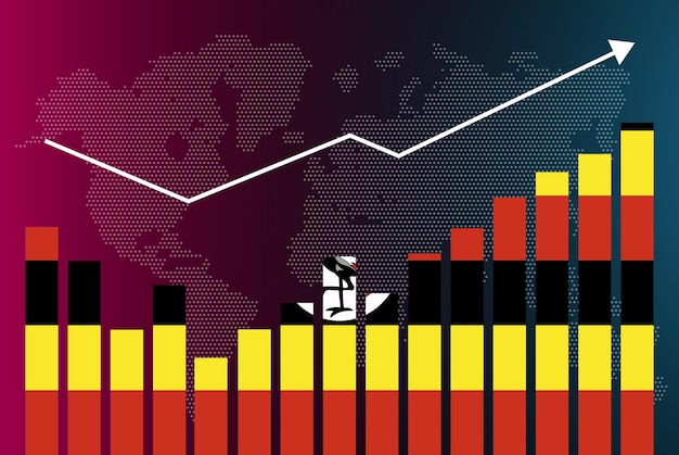 Uganda bar chart graph with ups and downs, increasing values, Uganda country flag on bar graph