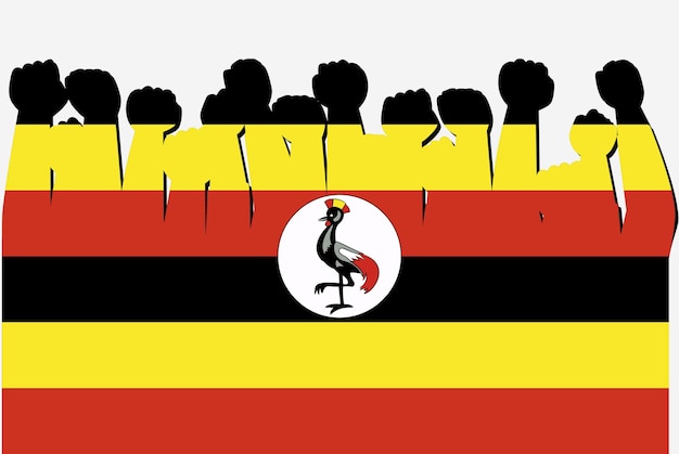 Uganda flag with raised protest hands vector country flag logo Uganda protesting concept