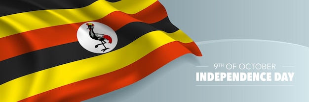 Uganda independence day vector banner, greeting card. Ugandan wavy flag in 9th of October national patriotic holiday horizontal design