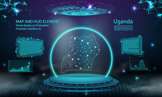 Uganda map light connecting effect background abstract digital technology UI GUI futuristic HUD Virtual Interface with uganda map Stage futuristic podium in fog