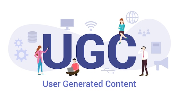 Ugc user generated content concept with big word or text and team people with modern flat style vector