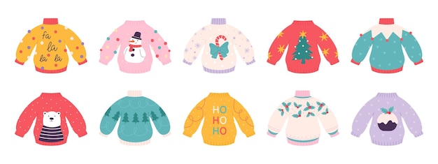 Ugly christmas cozy sweaters Funny pullover decor snowman cartoon bear xmas tree December holidays clothes winter racy sweaters vector set of jumper pullover winter illustration