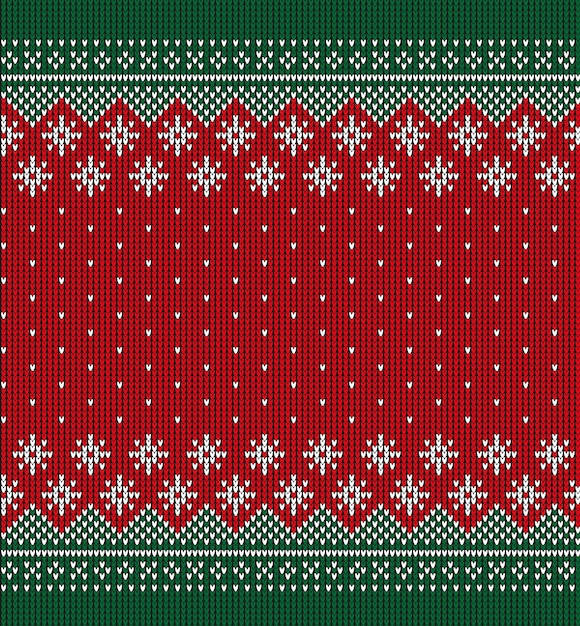 Ugly sweater at Buffalo Plaid Merry Christmas and Happy New Year greeting card frame border illustration knitted background seamless pattern with folk style scandinavian ornaments