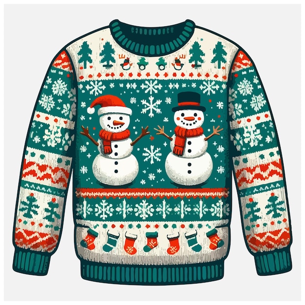 Vector ugly sweater knitted jumpers with christmas patterns snowman and santa claus stock illustration