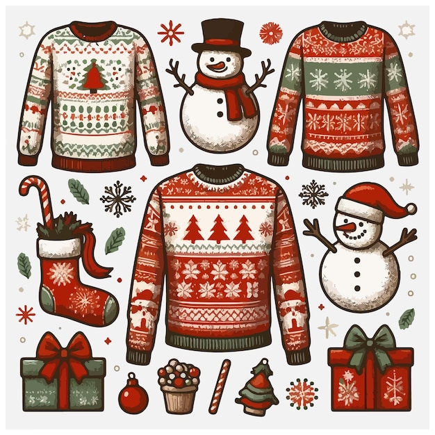 Vector ugly sweater knitted jumpers with christmas patterns snowman and santa claus stock illustration