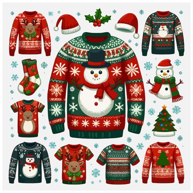 Vector ugly sweater knitted jumpers with christmas patterns snowman and santa claus stock illustration