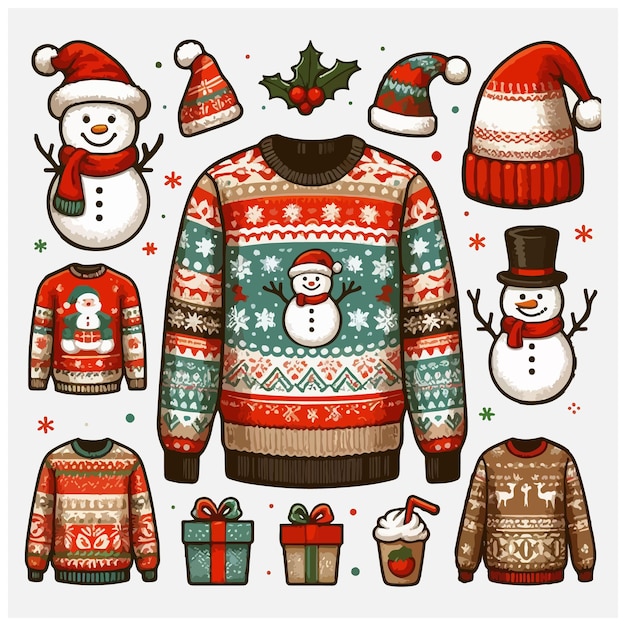 Vector ugly sweater knitted jumpers with christmas patterns snowman and santa claus stock illustration