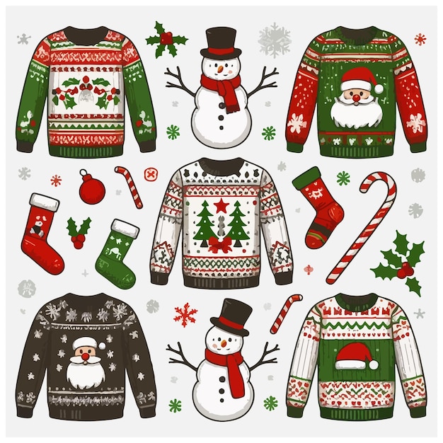 Vector ugly sweater knitted jumpers with christmas patterns snowman and santa claus stock illustration