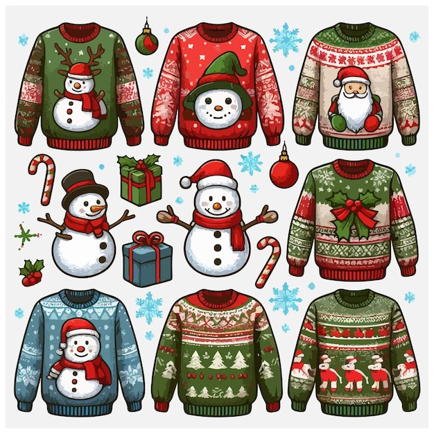 Vector ugly sweater knitted jumpers with christmas patterns snowman and santa claus stock illustration