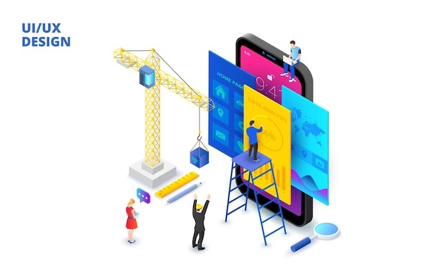 UI design concept with smartphone, crane and people. Isometric vector illustration.