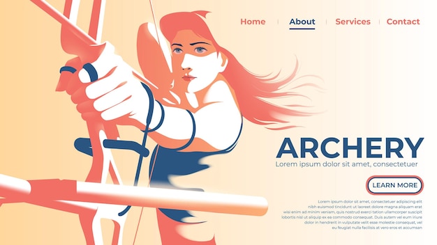 UI or landing page of the female archer is pulling the bow and ready to shoot with determination eyes.