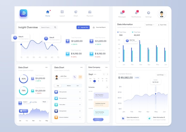 UI UX Infographic dashboard UI design with graphs charts and diagrams Web interface template