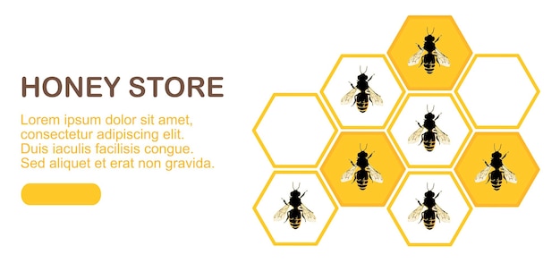 UI vector template for a landing page with illustrations of bees and honeycomb