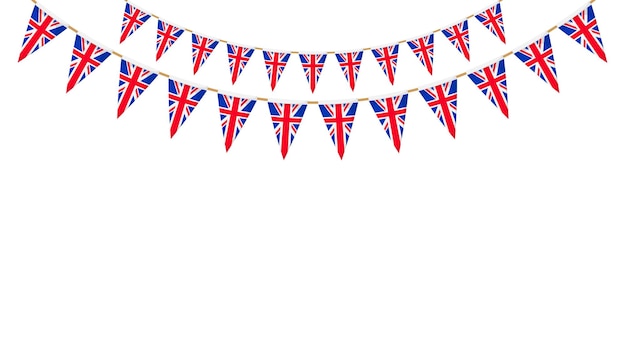 UK flag garland. Union Jack pennants chain. British party bunting decoration. Great Britain flags