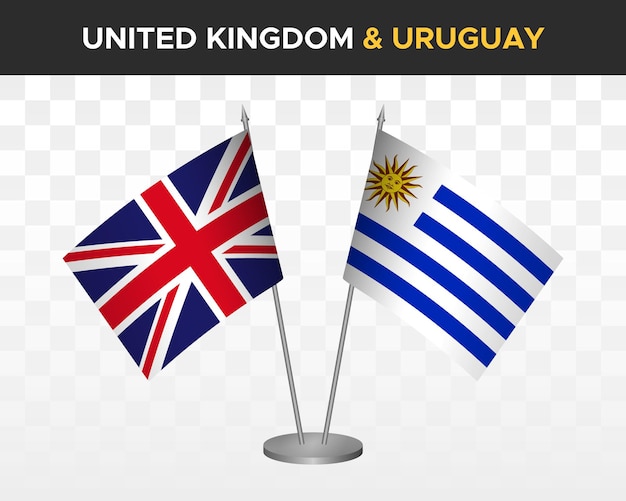 UK United Kingdom Britain vs Uruguay desk flags mockup isolated 3d vector illustration table flags