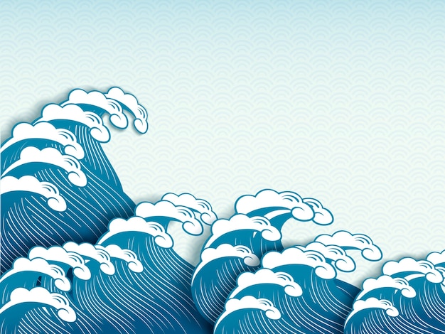 Ukiyoe style wave dynamic wave in paper art design