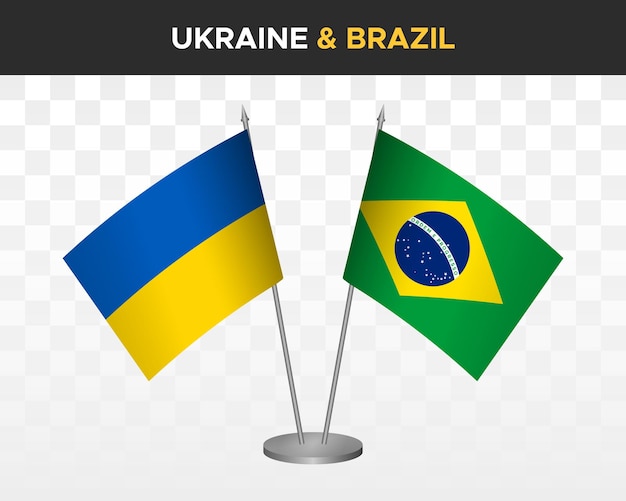 Ukraine and Brazil desk flags isolated on white 3d vector illustration table flags