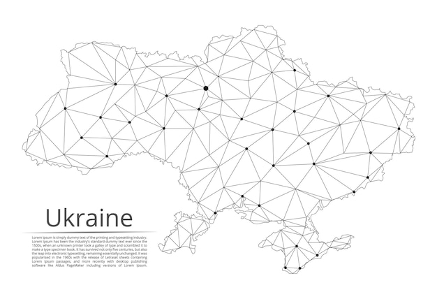 Ukraine communication network map Vector low poly image of a global map with lights in the form of cities