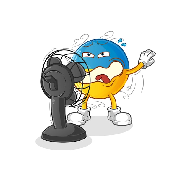 Ukraine flag in front of the fan character. cartoon mascot vector