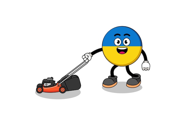 Ukraine flag illustration cartoon holding lawn mower character design