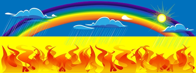 Ukraine flag illustration Ukraine is engulfed in the fire of war but God sent clouds of rain to extinguish the flames of war and discord A rainbow of peace and happiness played over Ukraine