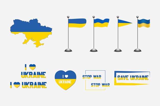 Ukraine Flag Map Ribbon And Heart Icons Vector Illustration Abstract Design Elements collection