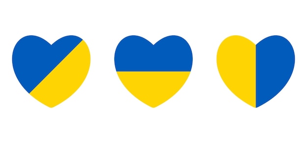 Ukraine flag in shape of heart isolated on white Save Ukraine concept Vector Ukrainian symbol icon button Three hearts in different coloring variations in colors of the national Ukrainian flag