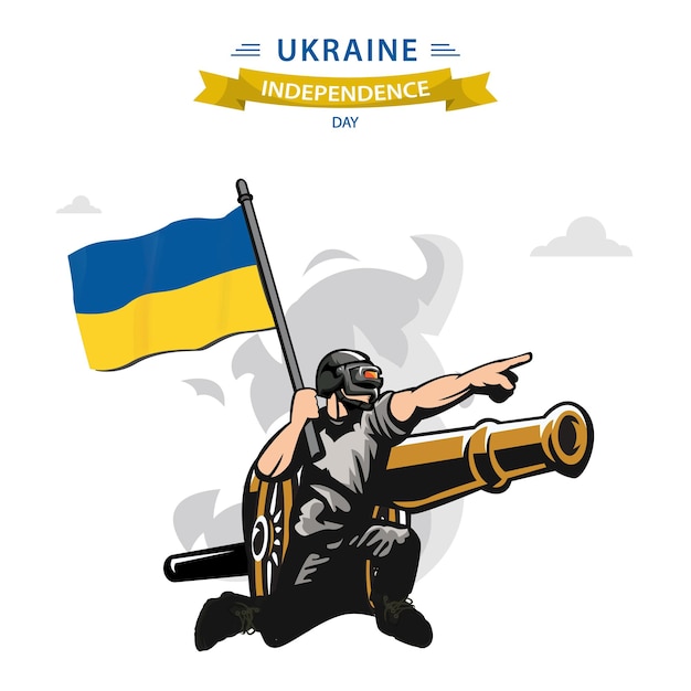 Ukraine Independence Day vector Flat Design Patriotic soldier carrying Ukraine Flag