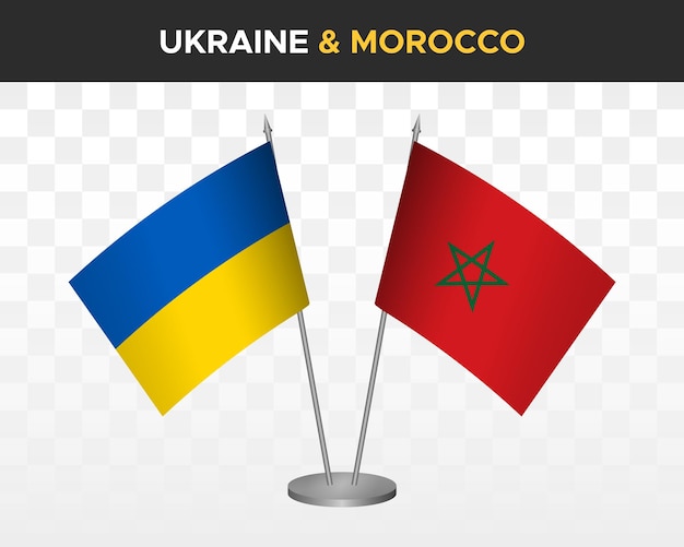 Ukraine and Morocco desk flags isolated on white 3d vector illustration table flags