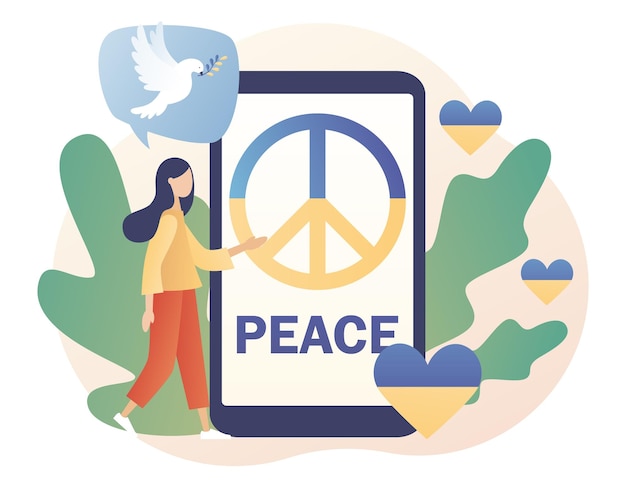 Ukraine peace symbols on smartphone screen. Stop war. No war. Flag of Ukraine. Dove of peace.