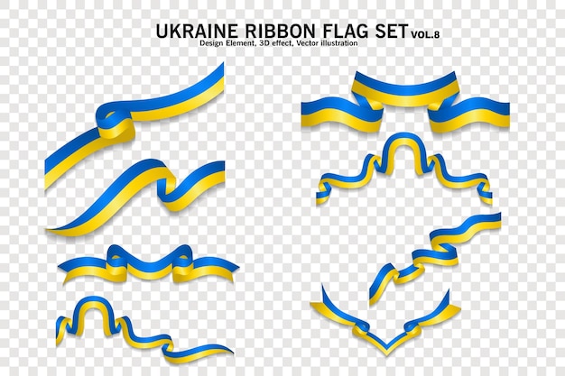 Ukraine ribbon flags set design element 3D on a transparent background vector illustration