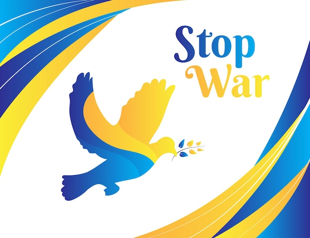 Ukraine russia conflict stop war poster dove peace bird icon Ukrainian flag vector design template