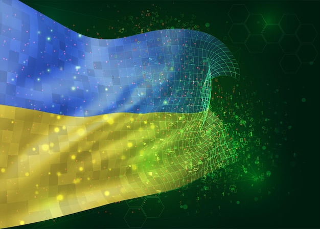 Ukraine, on vector 3d flag on green background with polygons and data numbers