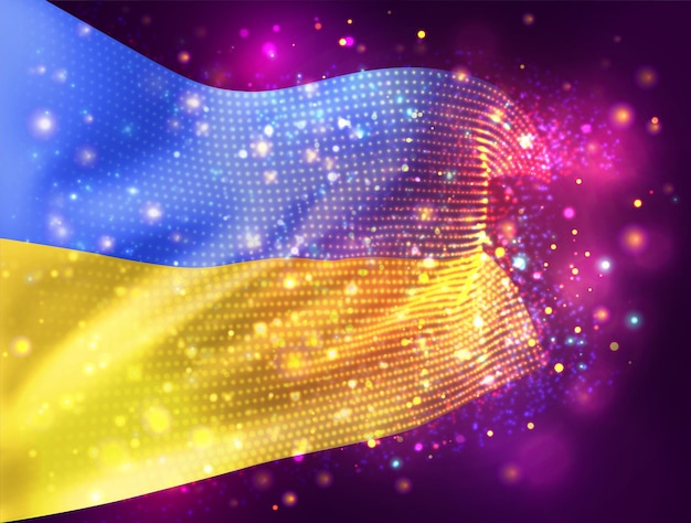 Ukraine, vector 3d flag on pink purple background with lighting and flares