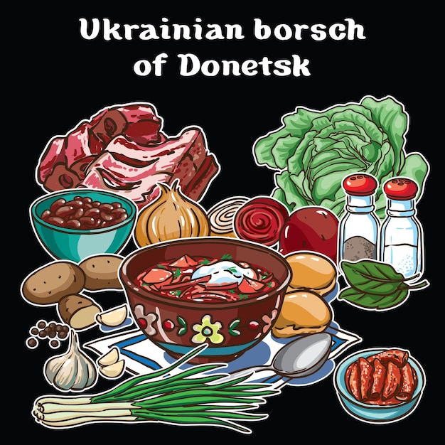 Ukrainian borsch of Donetsk vector set ingredients